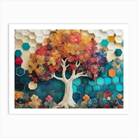 Dynamic On Oak Featuring A Whimsical Tree, White Lattice and Vibrant, Colorful Hexagons Art Print