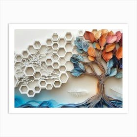 Abstract 3d Oak Artwork With White Lattice, Feathers, A Tree Motif, And Hexagons In Varied 1 Art Print