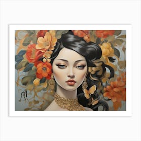 Asian Woman With Flowers Art Print