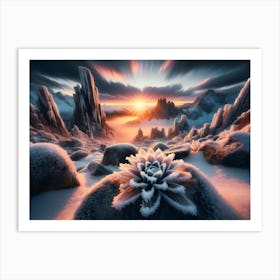 Sunset In The Mountains covered with snow and ice Art Print