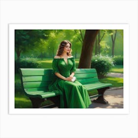 Woman Sitting On A Green Bench Art Print