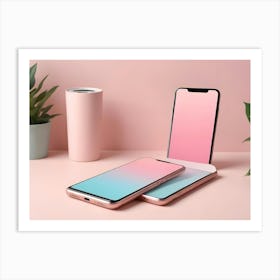 Photo Of Two Smartphones On A Pink Surface With Potted Plants And A Pink Cylinder Art Print