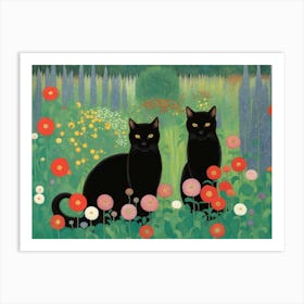 Gustav Klimt Two Black Cats In A Flower Garden Art Print