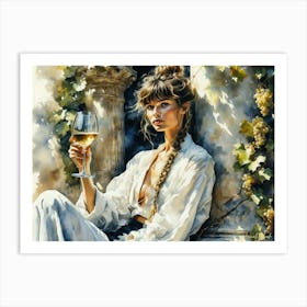 A Boho Woman With Golden Grapes And A Glass Of Wine Art Print