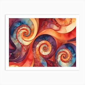 Abstract Background Featuring Colorful, Swirling Spirals Reminiscent Of Nautilus Shells, Blending Shades Of Red, Purple, And Orange Art Print