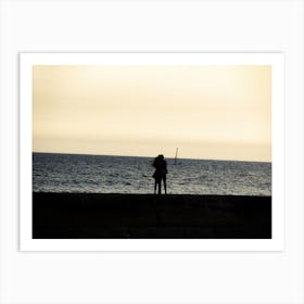 Silhouette Of An Embracing Couple Looking At The Sea 1 Art Print