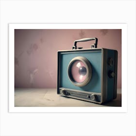 A Vintage Radio, Painted Blue With A Pink Speaker, Sitting On A Wooden Table Against A Pink Background Art Print