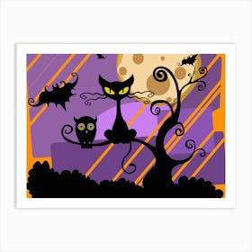 Halloween Cat And Owl Art Print