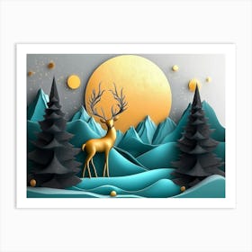 3d Modern Art with Christmas Tree, Golden Lines and Mountain and Birds in Blue Marble 1 Art Print