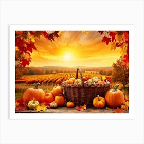 Autumnal Farm Landscape Pumpkins And Cornstalks Surround A Rustic Wooden Basket Filled With Apples (1) 2 Art Print