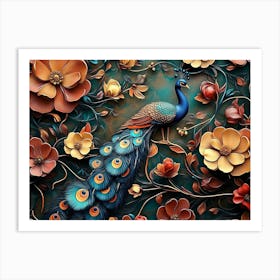 Peacock And Flowers Art Print