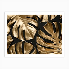 Gold Leaves On Black Background Art Print