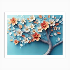 Elegant Colorful 3d Flowers with Leaves on a Tree Illustration Art Print