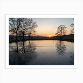 Winter reflection of trees in a pond at sunset Art Print