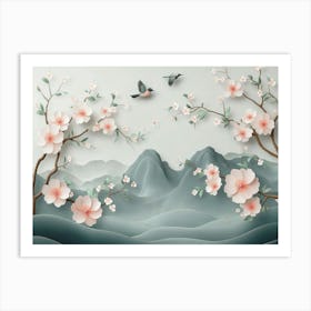 3d Floral Art With Branches Of Flowers, Herbs, Birds and Mountains 1 Art Print