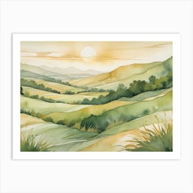 Watercolor Painting Of A Landscape With Rolling Hills, Forests, And A Setting Sun Art Print