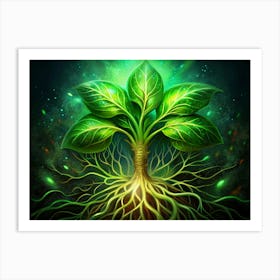 Glowing Green Plant With Twisted Roots Art Print