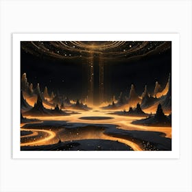 Abstract Landscape, With Dark Mountains And Glowing Paths Forming A River That Flows Out Into A Circle Of Glowing Stars In The Night Sky Art Print