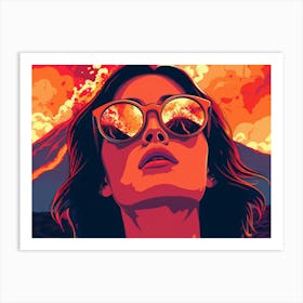 Girl With Sunglasses In Front Of A Volcano Art Print