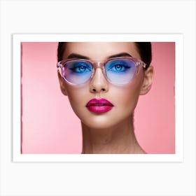 Model With Striking Blue Eyes Adorned With Trendy Pink Glasses Natural Pink Lips Stand Out Against Art Print