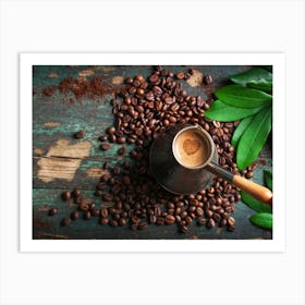 Coffee Beans And Leaves - coffee poster, kitchen wall art Art Print