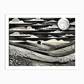 A Linocut Piece Featuring Fragmented And Ghostly Remnants Of Dreamy landscape, 111 Art Print