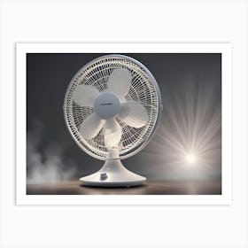 A White Standing Fan With A Wooden Floor And A Bright Light Shining Behind It, Creating A Sense Of Cool Air And Refreshment Art Print