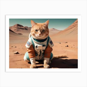 Photograph Of A Ginger Cat Dressed In An Astronaut Suit, Sitting On The Surface Of Mars Art Print