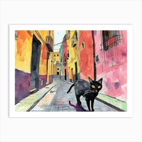 Black Cat In Napoli, Italy, Street Art Watercolour Painting 3 Art Print