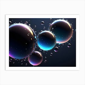 3d Rendering Of Iridescent, Metallic Bubbles Floating Against A Dark Background, Showcasing A Spectrum Of Colors And Reflections Art Print