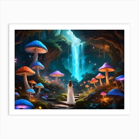 Woman Walking Through A Mystical Forest With Glowing Mushrooms And A Waterfall 2 Art Print