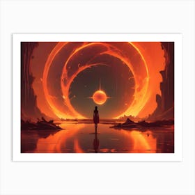 A Lone Woman In A Red Dress Stands Before A Giant, Fiery Ring Planet In A Surreal Alien Landscape Art Print