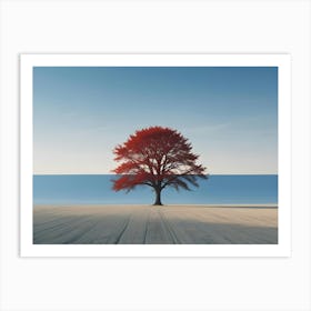 A Lone, Red Tree Stands In A Field With A Blue Sky And A Horizontal Line Dividing The Scene Art Print