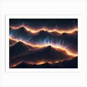 A Dramatic Landscape Of Mountains Lit By Glowing Streaks Of Light Against A Starry Night Sky Art Print