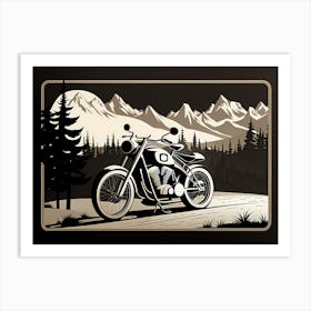 Motorcycle In The Mountains, vintage bike, classic bike, vector art, Art Print