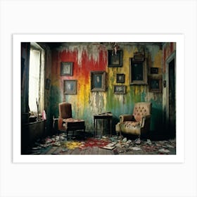 Interior Of A Vintage Horror Inspired Room With Rainbow Hued Aged Grunge Wallpaper Peeling Away To (6) Art Print