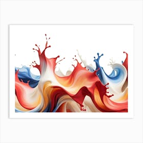 A Splash Of Blue, White, Red, And Orange Paint, Creating An Abstract Shape On A White Background Art Print