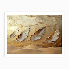 Rustic 3d Textured Art Almond Brown Background Faded Brass Feathers Abstract Sandy Dunes Warm Ambiance Art Print