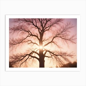 Silhouette Of A Majestic Tree With Sun Shining Brightly Through Its Branches Against A Pink And Orange Sunset Sky Art Print