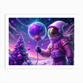 Astronaut Holding A Bubble On A Snowy Planet With Christmas Tree Art Print