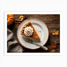 Pumpkin Pie Slice Topped With Whipped Cream Captured From Above Resting On The Weathered Wooden Sur Art Print