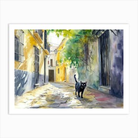 Cadiz, Spain   Cat In Street Art Watercolour Painting 3 Art Print