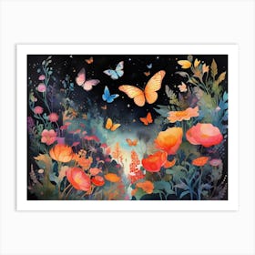 Watercolor Of Flowers And Butterflies Art Print