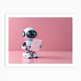 White Robot With Blue Eyes Kneeling And Reading A Document Against A Pink Background Art Print