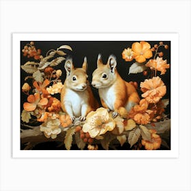 Red Squirrels In Autumn Floral Harmony Art Print