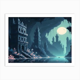 Pixel Art Landscape Of A Sunken City At Night, With The Moon Shining Through A Cave Opening Art Print