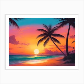 A Tranquil Beach At Sunset Horizontal Illustration 12 Art Print