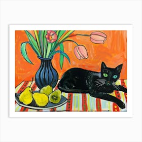 Black Cat With Tulips 8 Art Print