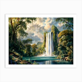 Majestic Waterfall Forest with Flowers Painting #9 Art Print