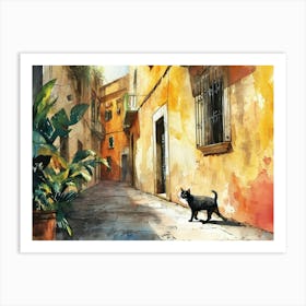 Black Cat In Catania, Italy, Street Art Watercolour Painting 2 Art Print